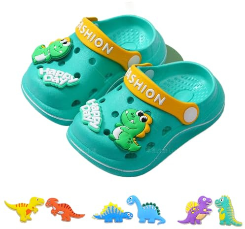 AioTio Infantiles Zuecos niños niñas Ligeras Antideslizantes Transpirables y de Secado rápido​ Interior Playa Piscina y jardín(Pequeño Dinosaurio Verde23/24EU)