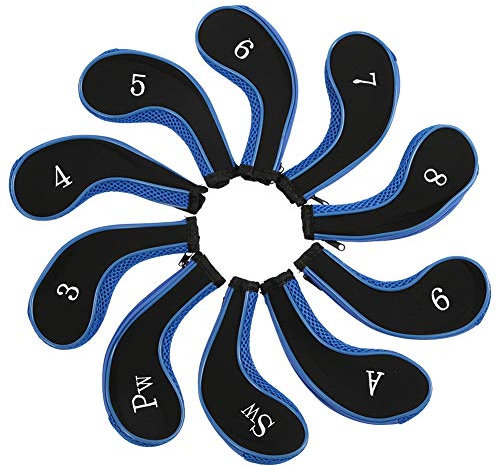 Phefop 10pcs Neoprene Club Head Covers Set,Iron Protector Case with Markings for Identification,Protects Clubs From Damage During Transporting,Smooth Zipper Design,Ideal for Lovers (Dark Blue)