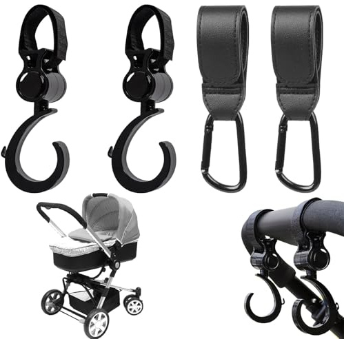 CUVZORA Kinderwagen Haken Set 4 Stück, Stroller Hook mit Karabiner Organizer für Wickeltasche und Laufrad, Praktisches Zubehör für ABC Baby, Bugaboo,Thule Chariot Cross 2 (Schwarz)