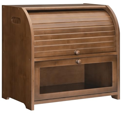 HOOBRO Bread Box, Bamboo Bread Box for Kitchen Countertop, 2 Tier Roll-Top Bread Bin, Food Storage Box, Large Capacity Keeper, Wooden Storage Cabinet, for Kitchen, Dining Room, Brown EBR13MB01