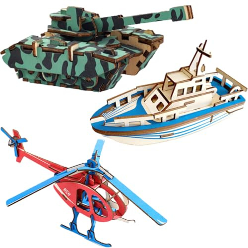 HAUZMLL 3PCS 3D Puzzle Holz Panzer, Schiffe, Hubschrauber Modellbau Für Dekoration, DIY Holzpuzzle Modellbausatz Basteln Geschenke Für Männer Und Frauen