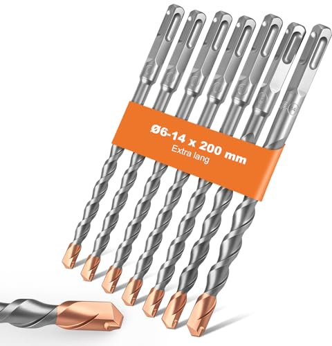 YiJiuBa Bohrer Set für Beton (7tlg, Ø6-14mm, 200mm lang), Langlebige Betonbohrer aus Wolframstahl, Hammerbohrer für Stahlbeton, Beton, Mauerwerk