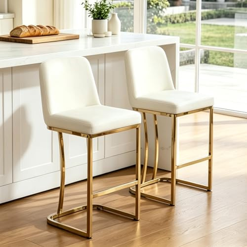 Chummaven Lot de 2 Chaise de Bar en Velours avec Pieds en Métal Doré, Crème | Rembourré, avec Dossier, Repose-pieds, Design sans Accoudoirs, Tabouret Haute de Bar pour Îlot de Cuisine, Comptoir