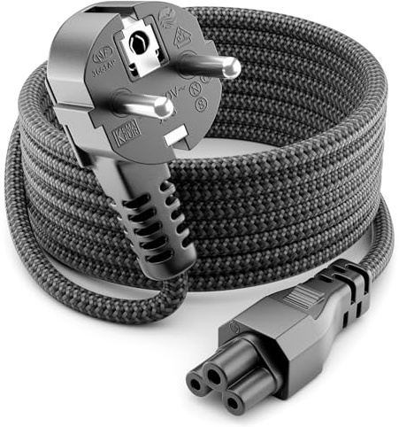 deleyCON 7,5m Netzkabel Nylon Typ F auf C5 90° Kleeblattkupplung - Grau | Stromkabel, Schutzkontakt 90° Winkel Stecker auf Kleeblattkupplung, 2,5A, für Laptop, Notebook, Netzteil, TV und Monitor