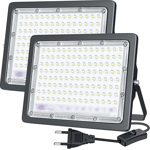 TOPBOS LED Strahler Außen,2 Stück 100W 10000LM Superhell Außenstrahler mit Stecker und Schalter,6500K Kaltweiß,IP66 Wasserdicht Flutlicht,LED Aussenstrahler für Garten,Hof,Garage,Sportplatz