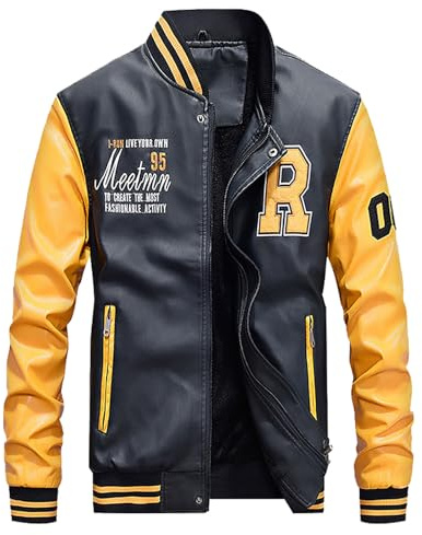 Generisch College Jacke Herren Lederärmel Kunstleder Bomberjacke Winter Football Baseball Jacken Oldschool Lederjacke Warm Zweifarbig Baseballjacke Stehkragen Sportjacke Unisex Sweatjacke
