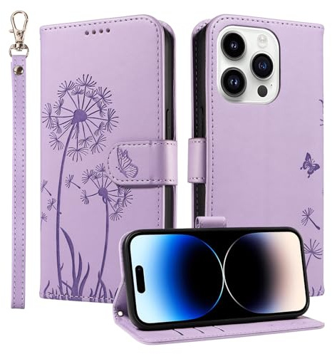 Trugox Wallet Case for Apple iPhone 14 Pro Phone Case Leather Dandelion with Credit Card Holder Purse Kickstand Folio Book Folding Flip Case Cover Women Shockproof - Lilac