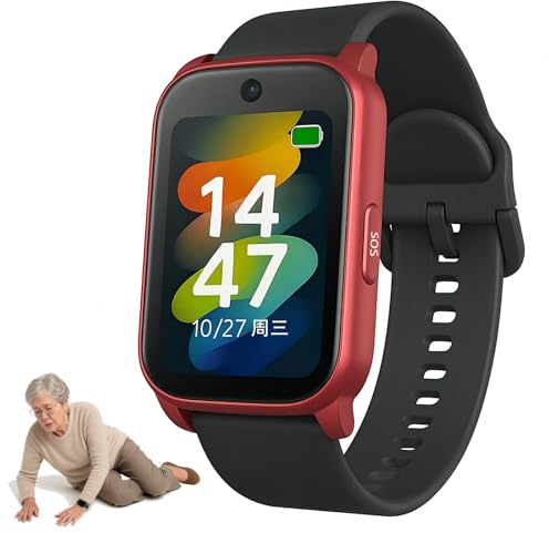 PEIKVOUL GPS Smartwatch für Senioren mit Sturzerkennung, SOS Notruf, HD Videoanruf, IP67 Wasserdicht – GPS Tracker für Demenz- und Alzheimer-Pflege,Rot