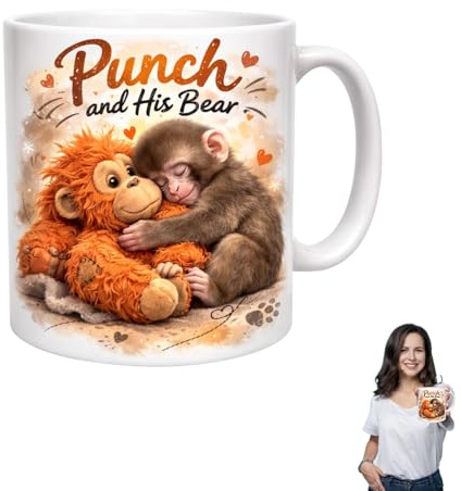 AUOQZ Punch and His Bear Mug with Orangutan Teddy Design 11oz Cute Monkey Ceramic Cup for Drinking Coffee Tea Motivational Adorable Punch The Monkey Mug Present for Birthday Mothers Day Gifts