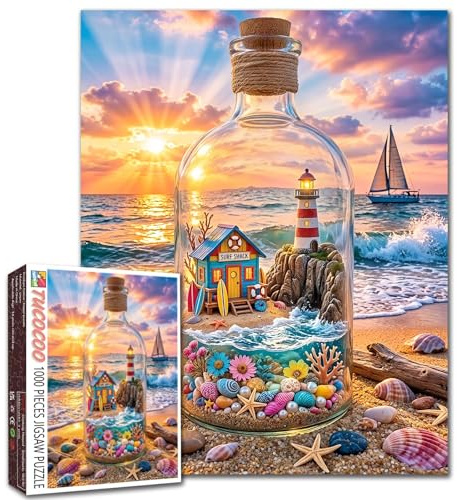 Tucocoo 1000 Teile Puzzle für Erwachsene, Meeresküsten-Szene mit Leuchtturm aus Glas, buntes Ozean-Sonnenuntergangsspielzeug mit Segelboot, entspannende und herausfordernde Kunst, Größe:
