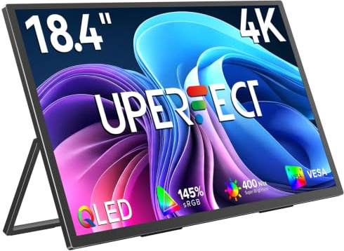 UPERFECT QLED Portable Monitor 4K 18.4, 145% sRGB Second Screen for Laptop | w/Kickstand, 400 Nits Ultra-Slim Screen 3840*2160 UHD, USB-C & HDMI, Large Travel Display for Mini PC, Game Consoles
