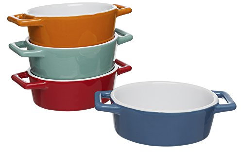 Invero® 4X Set of Mini Stoneware Oval Coloured Small Oven to Table Baking Dish Ideal for Pies, Tarts, Quiches, Casseroles and More