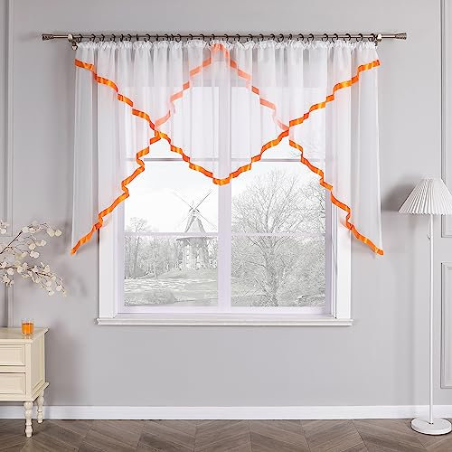 HongYa Kuvertstore transparenter Voile Gardine mit Satinbänder Kräuselband Vorhang H/B 120/450 cm Orange