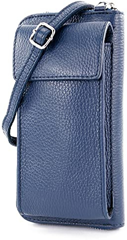 modamoda de P06 Damen Leder Umhängetasche Geldbörse Handytasche 6,5 Zoll handmade in Italy, Farbe:Dunkelblau