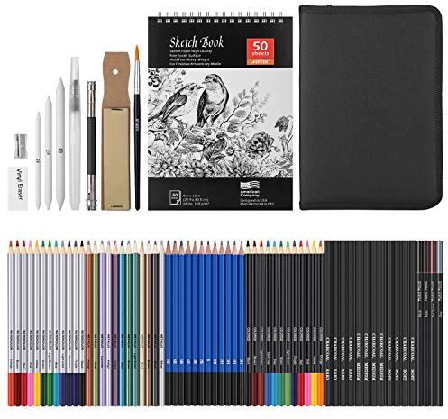 AGPTEK Drawing Pencils Set, 76-Piece Art Supplies with Sketch, Charcoal, Water Colored and Metal Colored Pencils for Kids, Adults and Artists