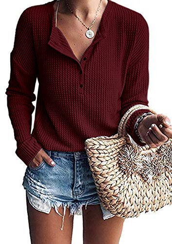 WNEEDU Women's Long Sleeve Tops Waffle Knit T-Shirts Loose V Neck Tunic Henley Shirts Button Up Blouse Wine Red