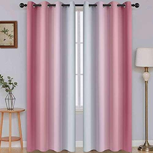 SimpleHome Ombré-Verdunkelungsvorhänge, Farbverlauf Rosa zu Grau-Weiß, lichtblockierend, wärmeisolierend, Ösen, für Schlaf- und Wohnzimmer, 2 Bahnen, ca. 130 cm x 215 cm Länge