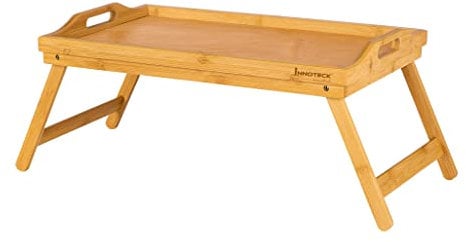Innoteck Essentials Bamboo Breakfast Lunch Dinner Serving Tray – Portable Lightweight Bed Sofa Table with Folding Legs and Handles – Work as Desk for Laptop