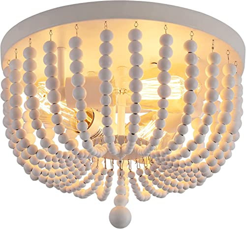 H.W.S Deckenleuchte Wohnzimmer Deckenlampe Holz Bauernhaus Weiß Kronleuchter Hölzern E27 Perlen Vintage Pendelleuchte Fixture Flush-halterung Schlafzimmer Küche Lampe Esszimmer Flurlampe (A)