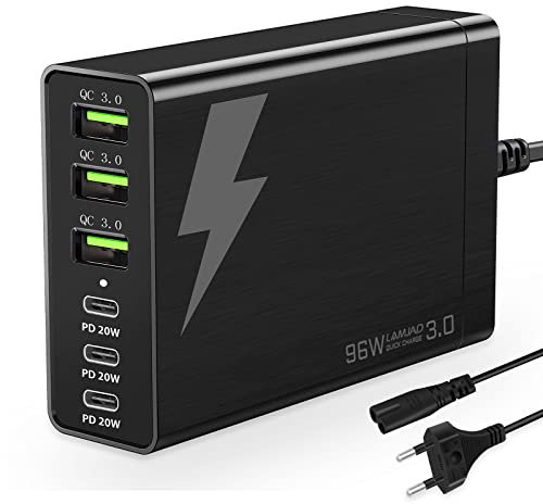 LAMJAD 96W USB Ladestation 6-Port Wandladegerät,Tragbarer Mehrfach Port USB Ladegerät mit 3 USB-C, Compatible für alle iPad,13plus/12Pixel Samsung Galaxy