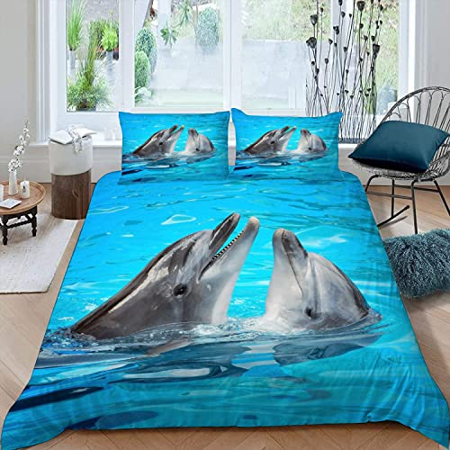 Lolosale Delfin Kinderbettwäsche 135x200 3D Motiv 100% Mikrofaser Bettbezug mit Reißverschluss Meereslebewesen 3 Teilig Bettwäsche-Sets Mädchen Jungen Bettbezüge mit 2 Kissenbezüge 80x80 cm