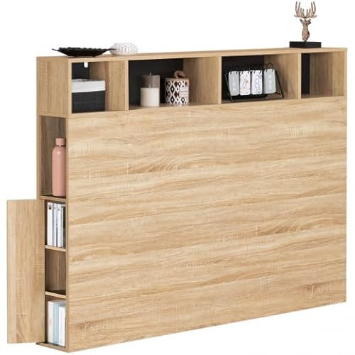 IDMarket - Tête de lit sur Pied Cleo 145 cm avec rangements fermés et niches façon hêtre et Noir