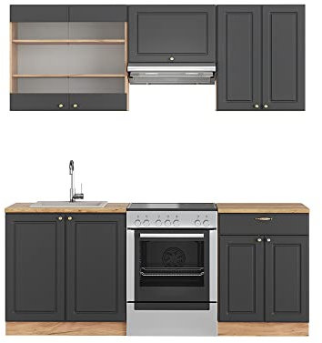 Vicco Küchenzeile Fame-Line, Anthrazit Landhaus/Goldkraft Eiche, 200 cm ohne Arbeitsplatte