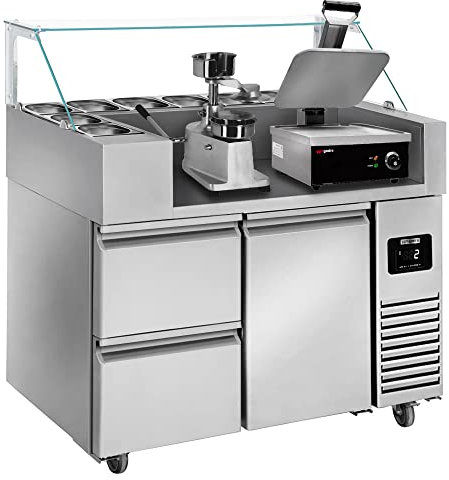 GGM Gastro | ZBF127DN#KGJ12#HM#SBF | Zubereitungstisch - 1210mm - 1 Tür & 2 Schubladen - für 9x GN 1/6 - inkl. Kontaktgrill & Hamburgermaschine