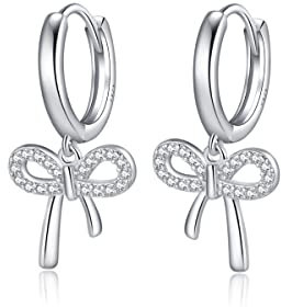 Reffeer Solide 925 Sterling Silber Schleife Creolen für Frauen Schleife Baumeln Ohrringe Schleife Huggie Ohrringe Tropfen (A-Silver)