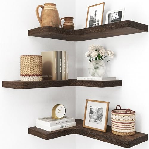 fuqing Schwebende Eckregale, Wandregal 3er Set, Regale für Wandaufbewahrung, Wandhalterung Holz Display Regal für Badezimmer Schlafzimmer Küche Garage, Rustikales Braun