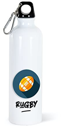Gourde Rugby Sport 750ml Bouteille d’Eau Aluminium Réutilisable Ecologique avec Mousqueton. Idée Cadeau Original Humour Homme Femme Enfant Ami Utile Voyage Collègue Anniversaire Noël