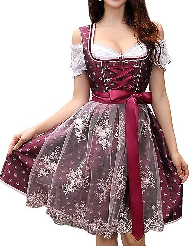 Dirndl Ensemble midi pour Femme 3 pièces élégante Robe Traditionnelle Courte Comprenant Une Robe Dirndl, Un Tablier Dirndl, Un Chemisier Dirndl pour l'Oktoberfest (Rouge, 38)