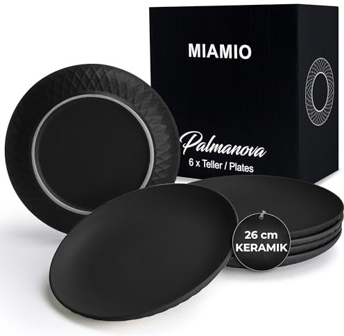 MIAMIO - 6er Geschirrset/Teller Set modern aus Keramik für 6 Personen - Palmanova Kollektion (Schwarz, Große Teller (6x))