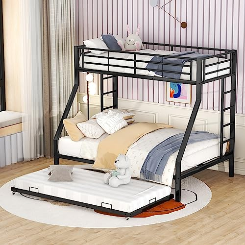 Idemon Etagenbett, Metallbett mit ausziehbarem Bett,mit Leiter auf beiden Seiten für Kinder, Jugendliche, Erwachsene, einfach zu montieren, 90(140) x200cm (schwarz)