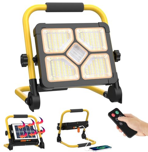 ERAY 150W Foco LED Recargable con Mando y Apoyo, Foco de Trabajo Portátil con Batería de 15000mAh/5 Modos de Luz/296 LEDs/Panel Solar/Banco de Energía, Foco LED Bateria para Camping, Emergencia
