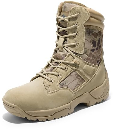 NORTIV 8 Mens Military Tactical Work Boots Hiking Side Zip Leather Outdoor Motorcycle Combat Boots Response,Size 10.5,Camo Sand