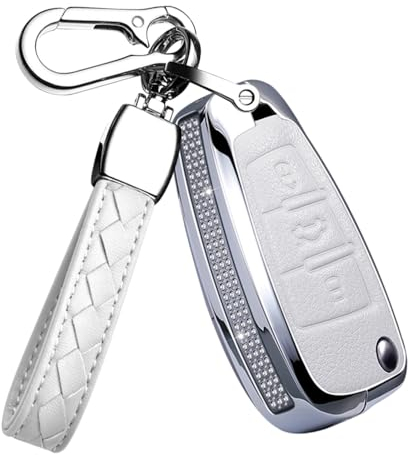 HIBEYO Klappschlüssel Autoschlüssel Hülle passt für Audi Leder Schutzhülle Schlüsselhülle für Audi A1 A3 A4 A6 A8 Quattro Q2 Q7 S3 S6 RS6 R8 TT TTS Schlüsseletui mit Schlüsselanhänger 3Tasten-Weiß