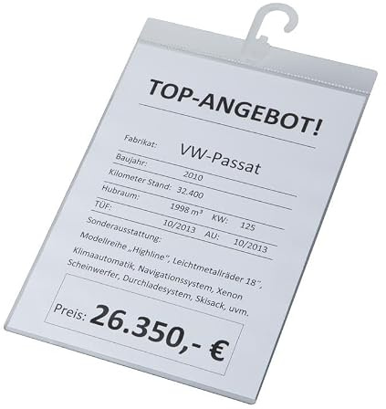 Verkaufsschilder aus Polycarbonat für die professionelle Preisauszeichnung, lichtecht, mit Haken oder Saugnapf, für DIN A4 oder A3 Preisschilder, Transparent, Format DIN A4 hoch