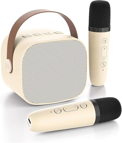 GOHAPHE Karaoke Machine for Kids, Rechargeable Mini Karaoke Machine with 2 Microphones and Voice Changing Effects, Bluetooth Karaoke Speaker for Party, Home, KTV, Travel (Beige)