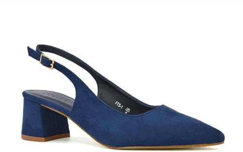 Womens Court Shoes Ladies Block Low Heel Point Toe Slingback Evening Navy Faux Suede Classic Pumps Shoes Size 7