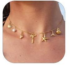 Halora Kette Mit Buchstaben Gold Initial Halsketten, Gold Bubble Letter T Charm Anhänger Halsketten für Frauen Boho Sommer Seashell Beach Schmuck