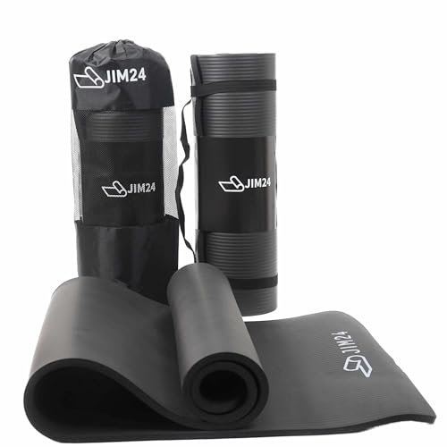 Jim24® Fitnessmatte – Yogamatte Pilatesmatte Gymnastikmatte Sportmatte – Extra Dicke Yogamatte 185x60x1.5cm – Inklusive Tragetasche & Tragegurt – Rutschfest & Bequem – Für Zuhause und Studio (Schwarz)
