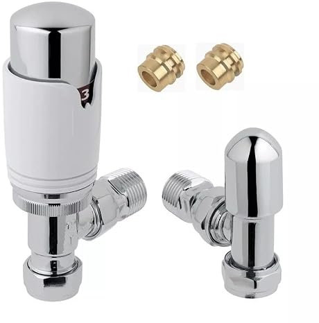 Team Controls Thermostatic Radiator Valve 10mm x 1/2'' Angled TRV Lockshield Pack Chrome/White- inc 2no. 10mm Inset reducers
