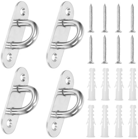 Swpeet Juego de 4 ganchos de acero inoxidable M5 304 ovalados plateados con tornillos y anclajes de plástico, ganchos de hardware marinos, ganchos en U para colgar