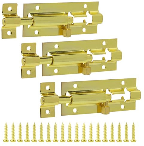 Brass Bolt Lock 3 Inch 2 Pack Internal Doors Bolts Door Security Slide Latch Lock with Stainless Steel Screws for Bathroom Fences Shed Doors Windows Cabinets (Gold)
