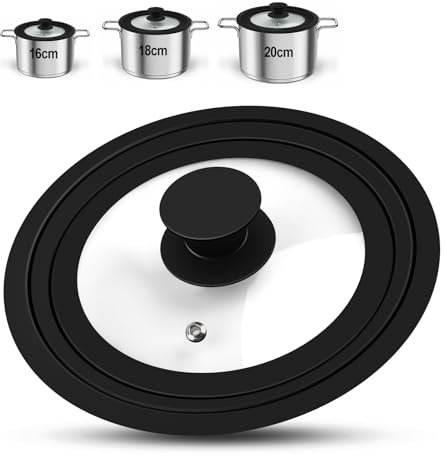 Convient à Tous Les 16/18/20cm, Couvercle Universel Noir 3 Tailles, Couvercle de Casserole avec Rebord en Silicone Résistant à la Chaleur, pour casseroles et poêles, avec bord en silicone gradué