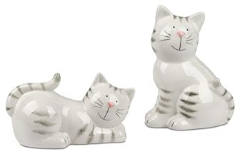 formano 2 Stück Deko Katze Weiss-Grau sitzend und liegend im Set 11x6cm aus glasiertem Steingut gefertigt und handbemalt- - Geschenke für Katzenliebhaber