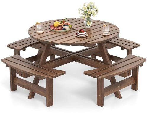 COSTWAY Ensemble Table de Pique-Nique en Bois pour 2 à 8 Personnes, Set Table et Banc Jardin Circulaire avec 4 Bancs Intégrés Trou de Parasol de 5 cm, pour Patio Pelouse (Marron,179 x 179 x 70 cm)