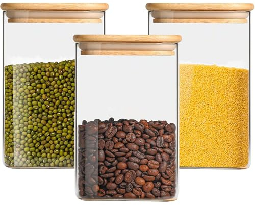 Hylruu Square Glass Storage Jars with Bamboo Lids 1150ML Set of 3 - High Borosilicate Glass Airtight Kitchen Food Canisters Cylinder Clear Preserving Seal Containers with Lid