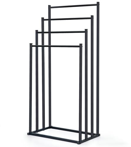 OWLKELA 4 Tier Freestanding Towel Rail, Metal, Black | Towel Drying Stand, Towel Storage Rack, Metal Towel Rack for Bathroom, Bedroom, Balcony